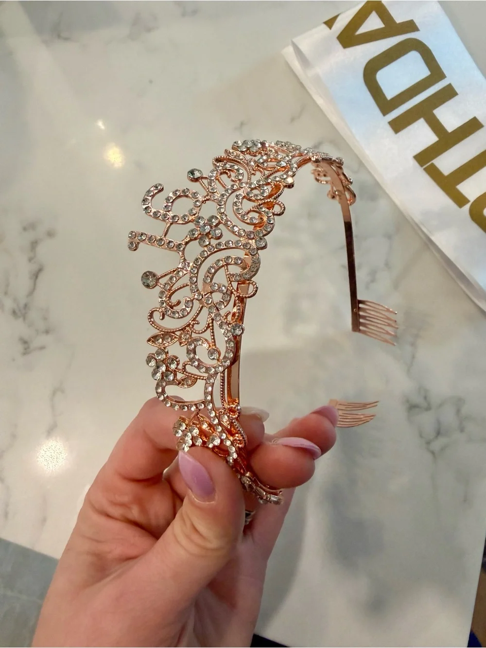 Rose Gold 16 Rhinestone Tiara Headband and Birthday Queen Sash